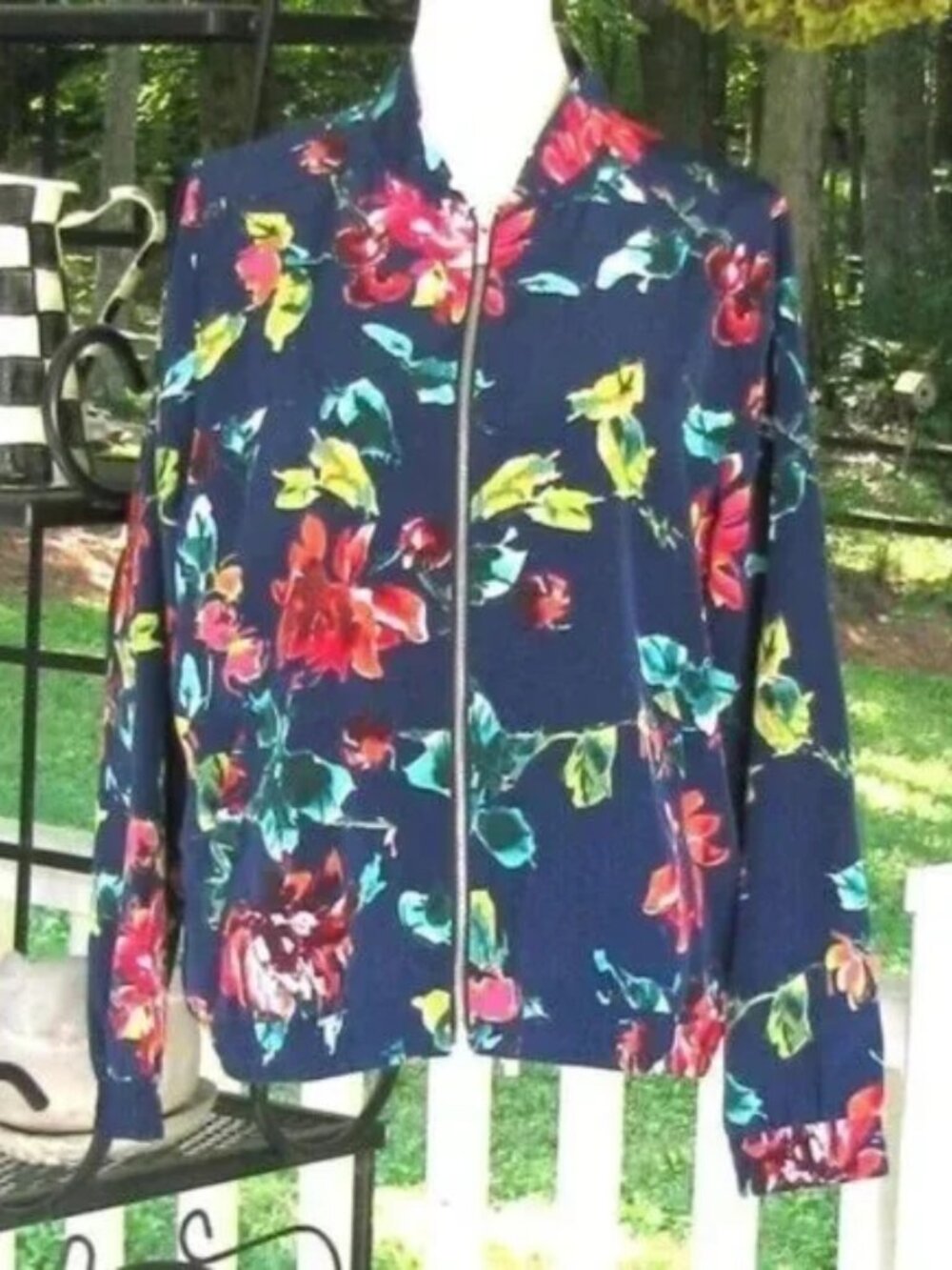Susan Graver floral peachskin zip front bomber jacket Large softshell luxury - Picture 2 of 5
